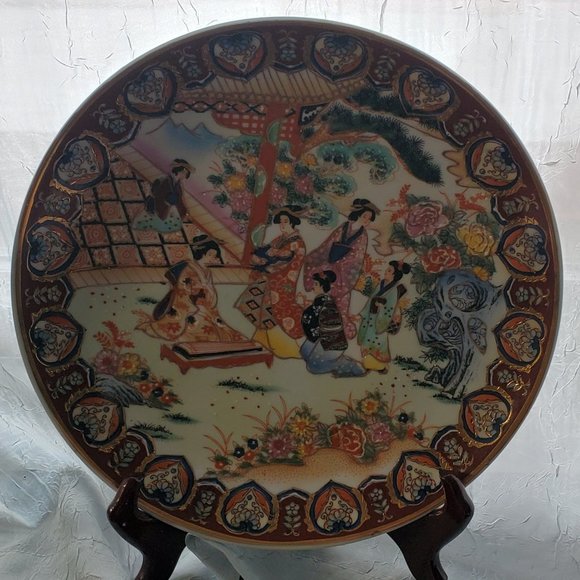 Asian Decorative Porcelain Plate 10.25"rnd w/wood easel-RARE - Picture 1 of 3